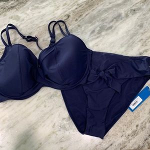 Birdsong Navy bikini. Full coverage, adjustable split straps 34H / L